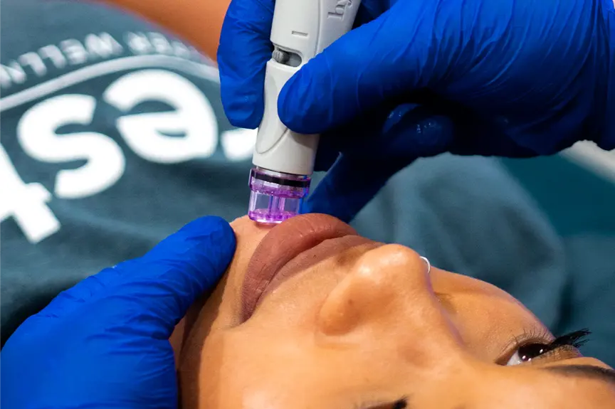 a woman getting a hydra facial treatment.